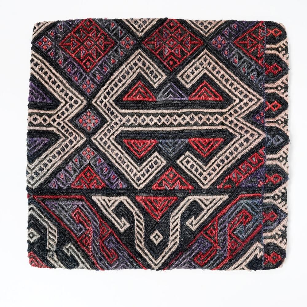 Vintage Turkish Kilim Rug Pillow Cover Geometric Wool Textile Red Blue 15.5x16